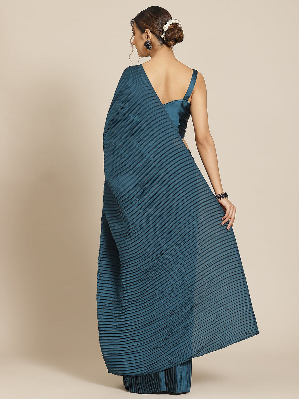 Blue Satin Designer Saree with Pleated Detail and Blouse