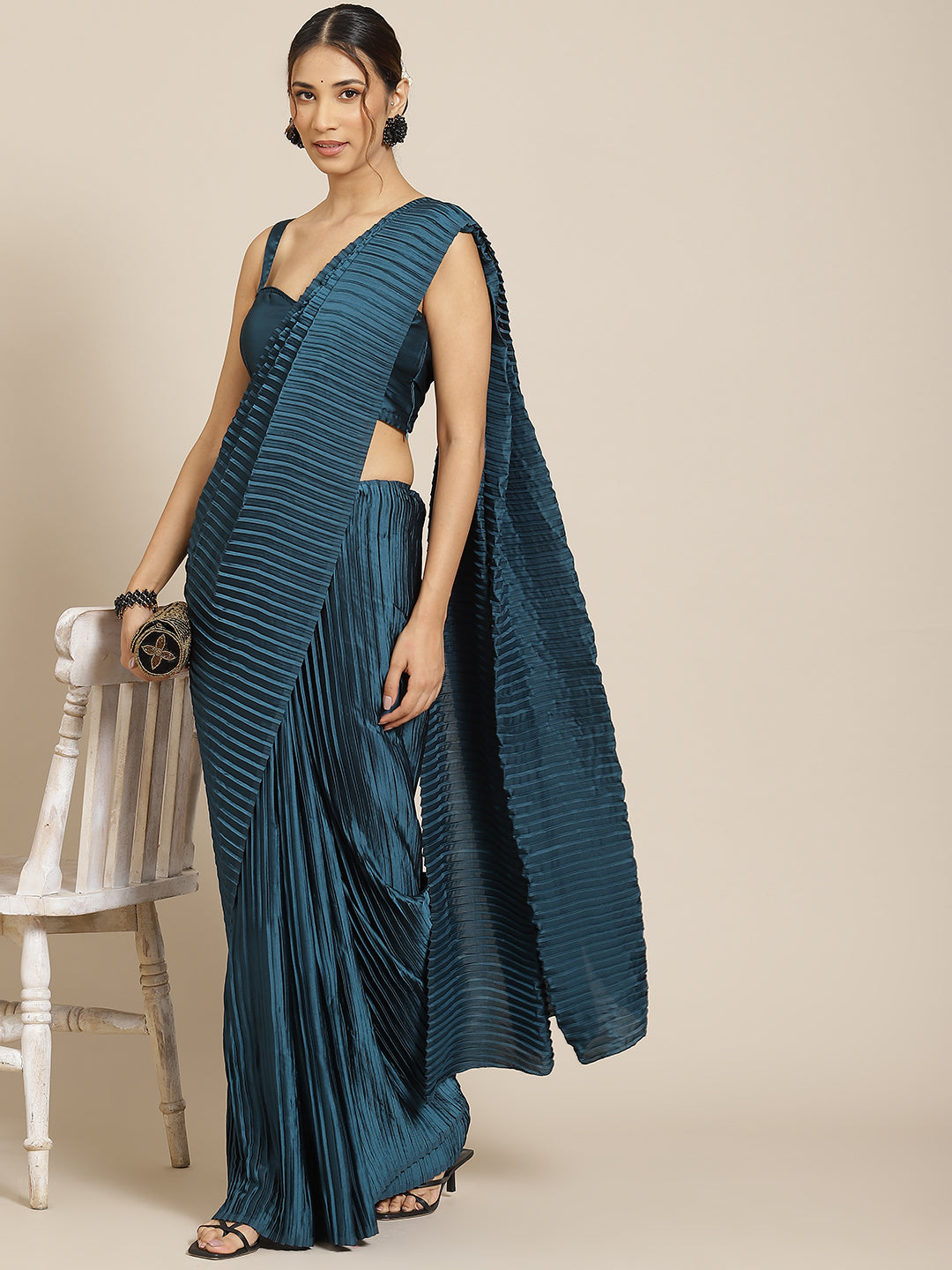 Blue satin designer saree with elegant pleated work and matching blouse