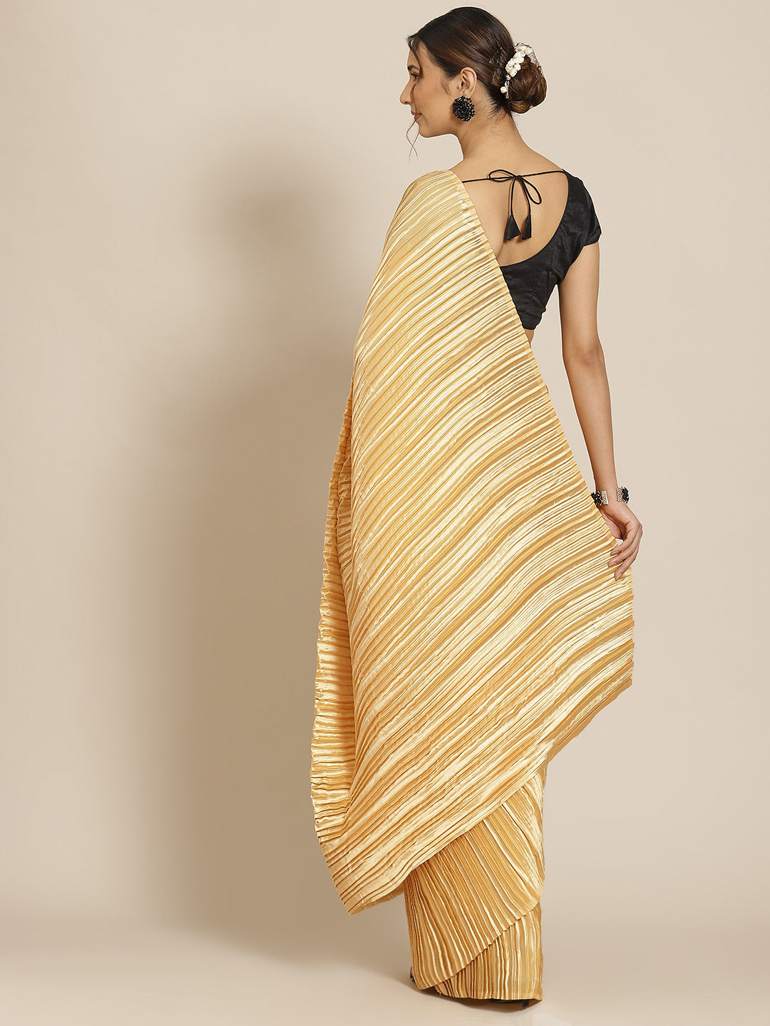 Gold Satin Designer Saree with Pleated Work and Blouse