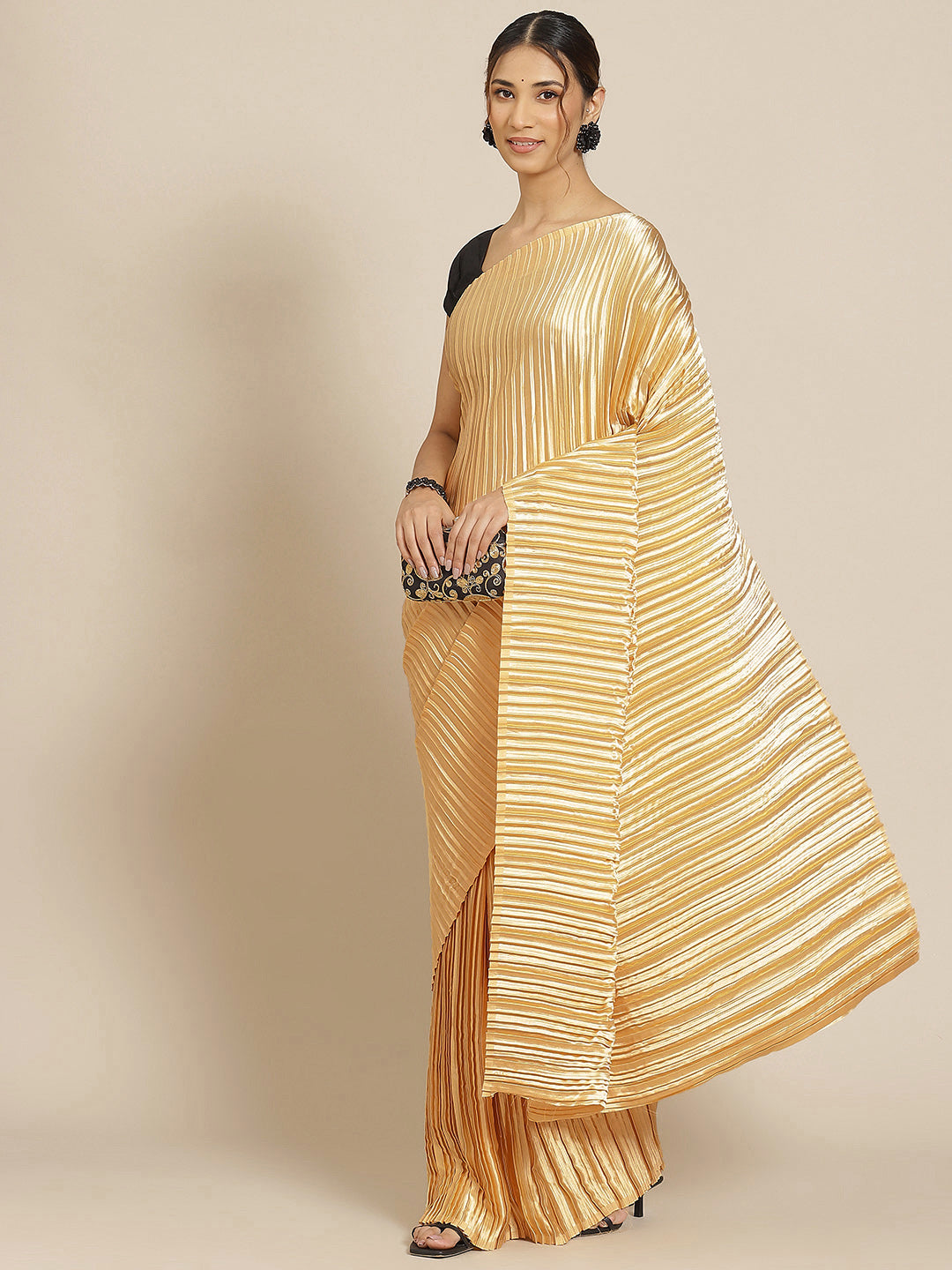 Gold satin designer saree with pleated work and matching blouse