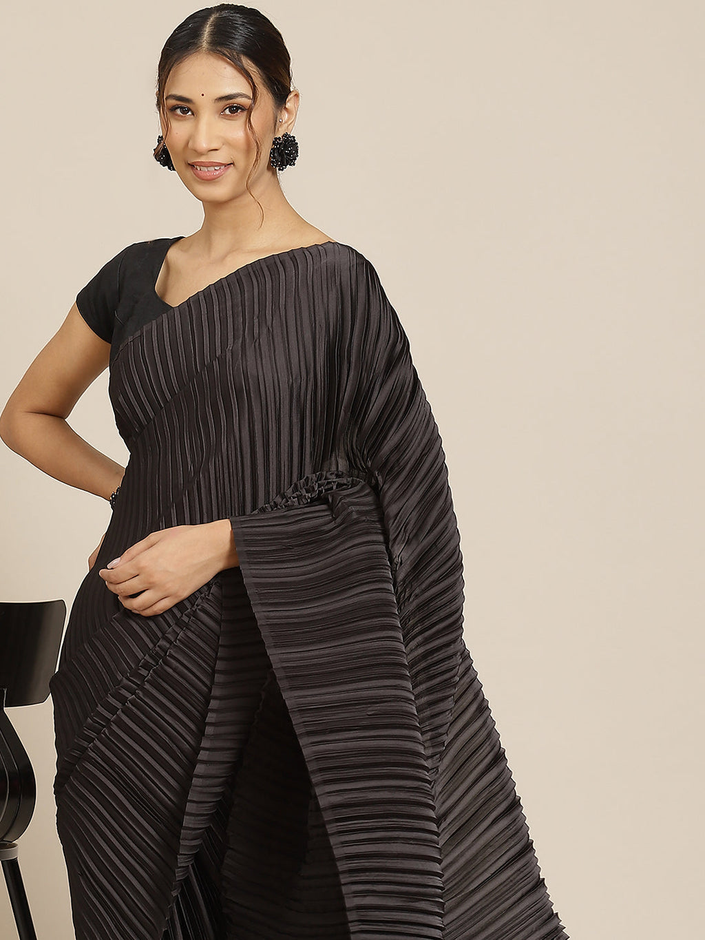 Black Satin Designer Saree with Elegant Pleated Work