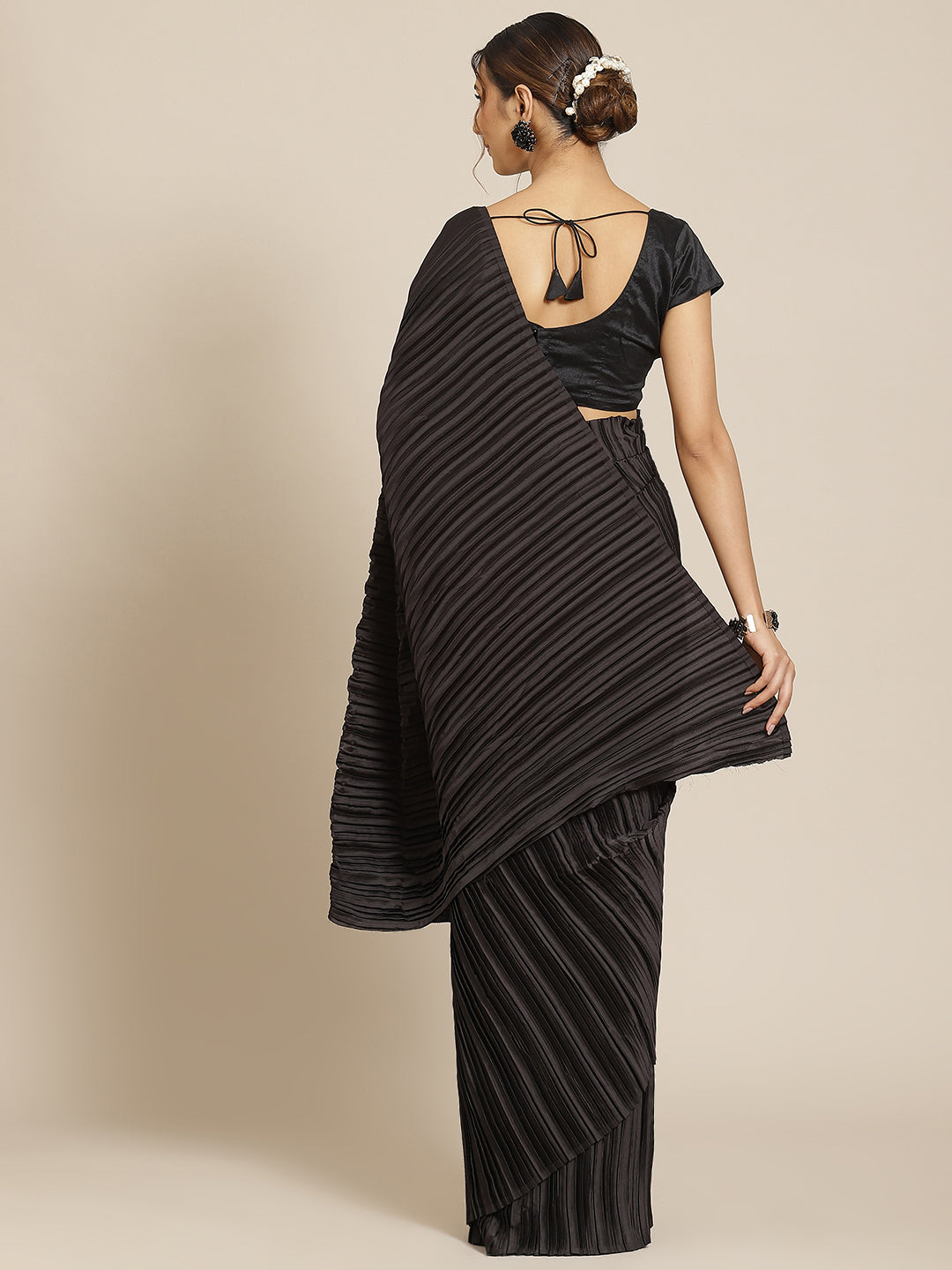 Black Satin Designer Saree with Elegant Pleated Work