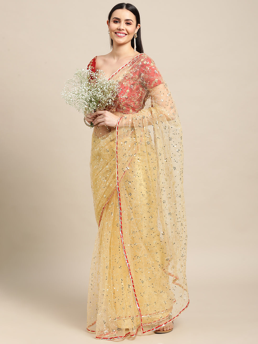 White Net Embroidered Saree with Designer Blouse for Weddings