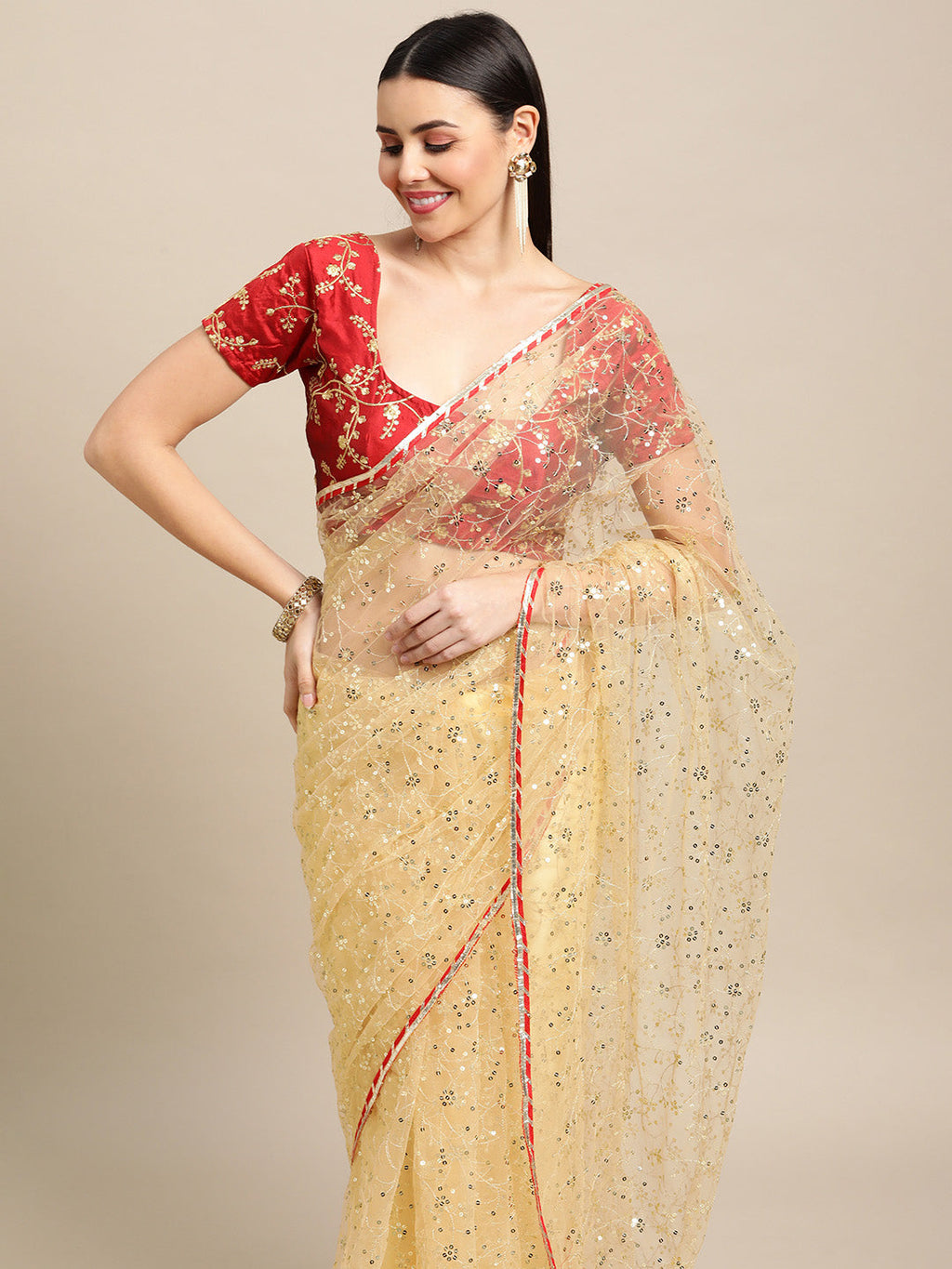 White Net Embroidered Saree with Designer Blouse for Weddings