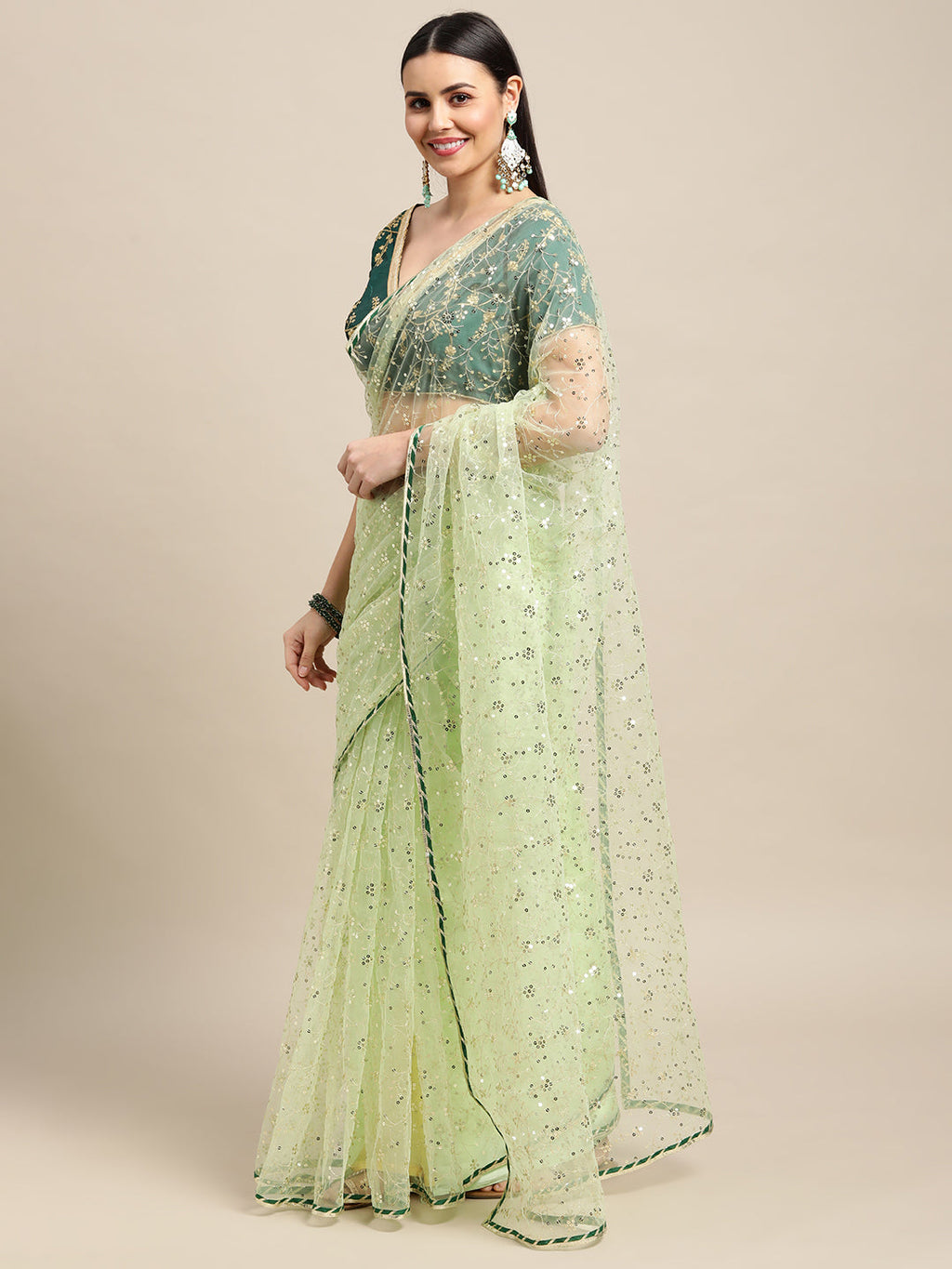 Green Net Embroidered Designer Saree with Matching Blouse