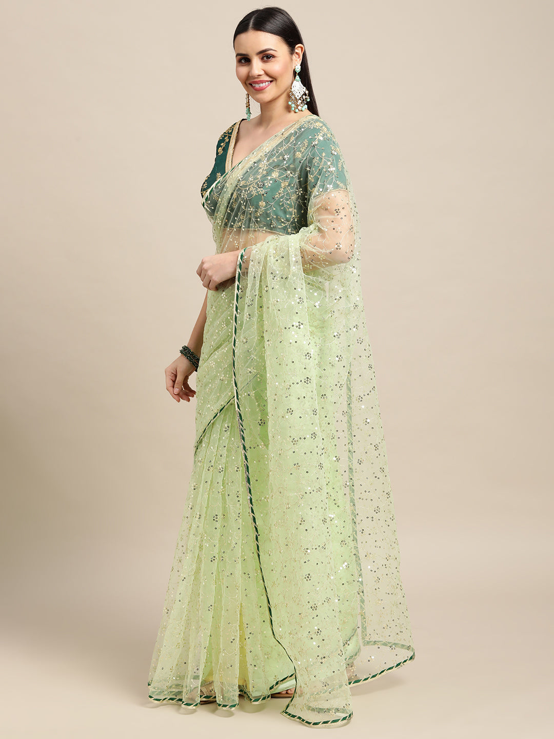 Green Net Embroidered Designer Saree with Matching Blouse