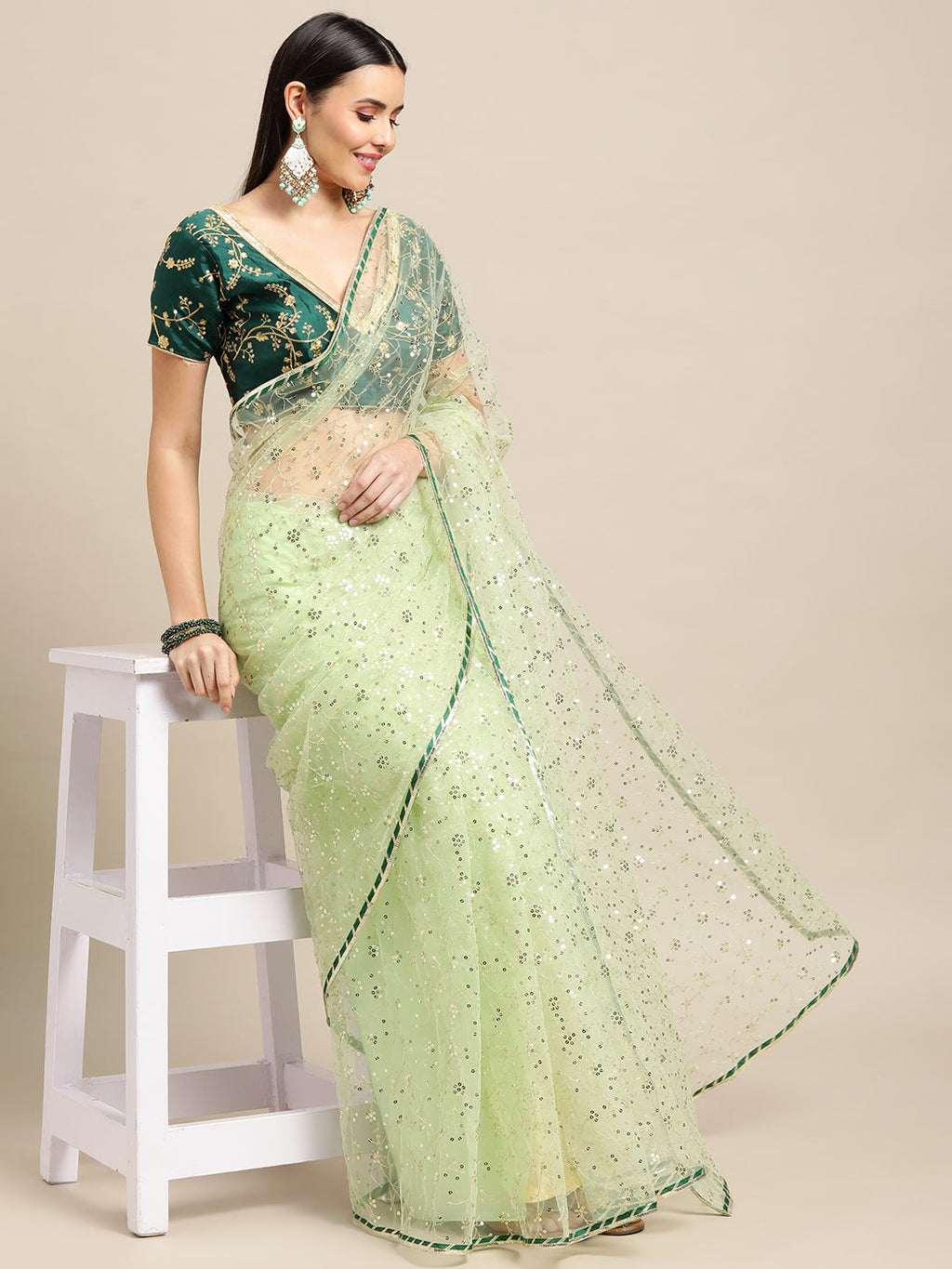 Green Net Embroidered Designer Saree with Matching Blouse