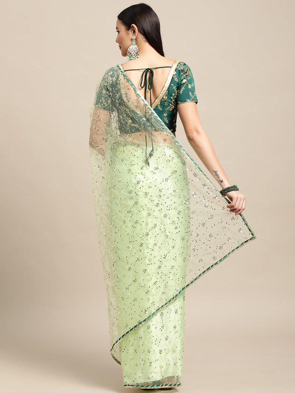 Green Net Embroidered Designer Saree with Matching Blouse