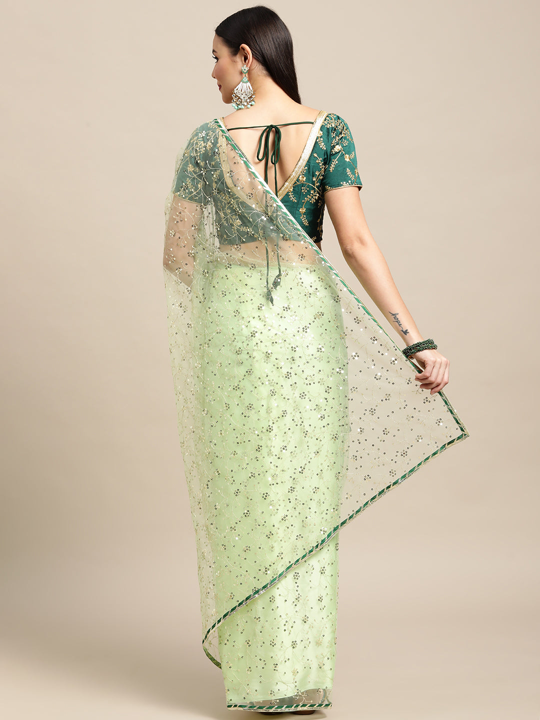 Green Net Embroidered Designer Saree with Matching Blouse