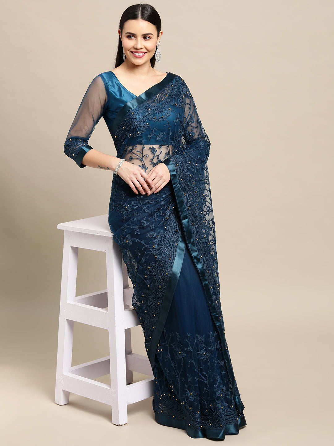 Blue Net Embroidered Designer Saree with Matching Blouse