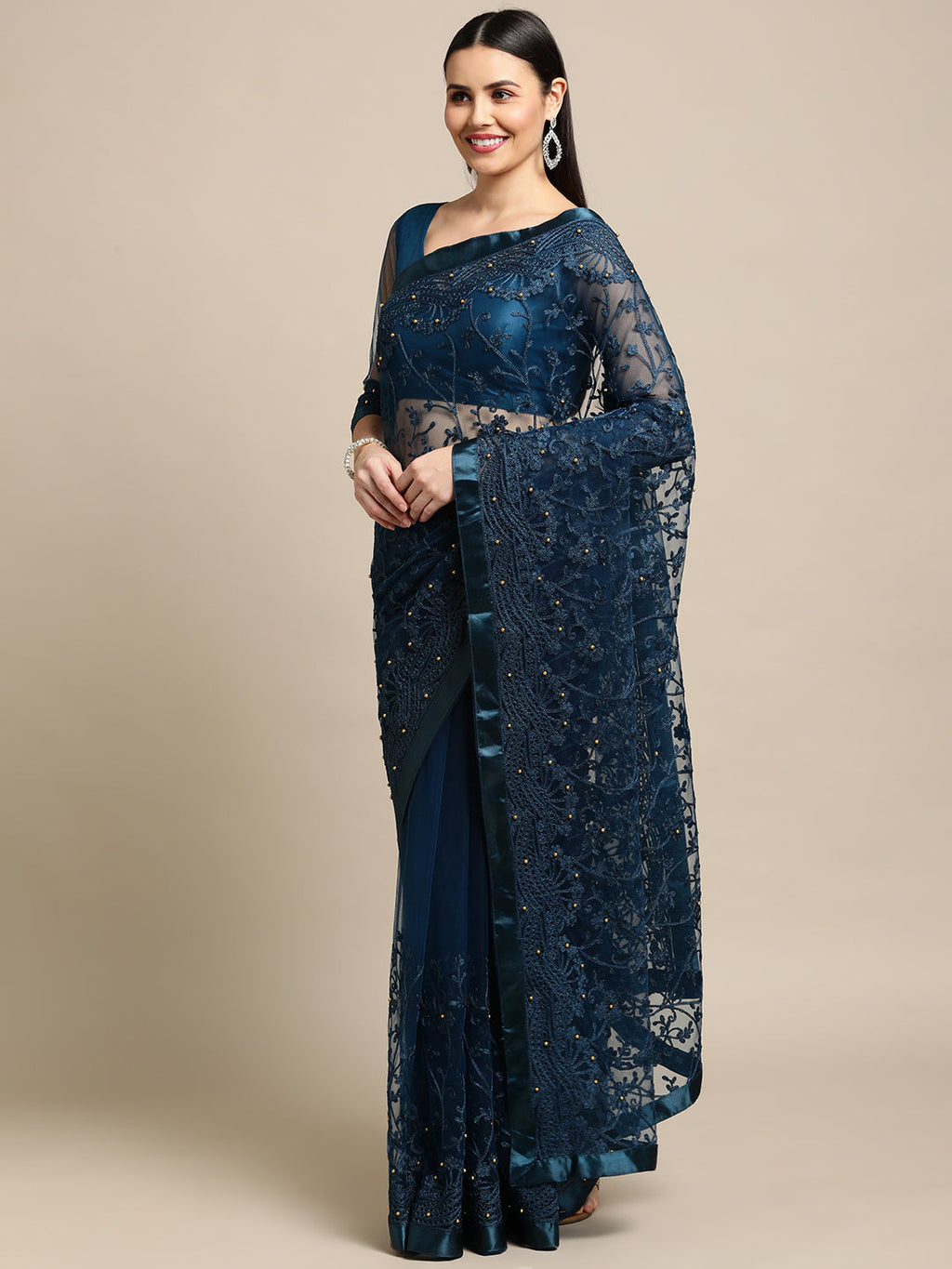 Blue Net Embroidered Designer Saree with Matching Blouse
