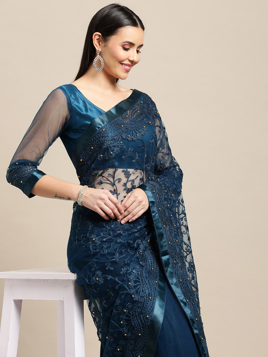 Blue Net Embroidered Designer Saree with Matching Blouse