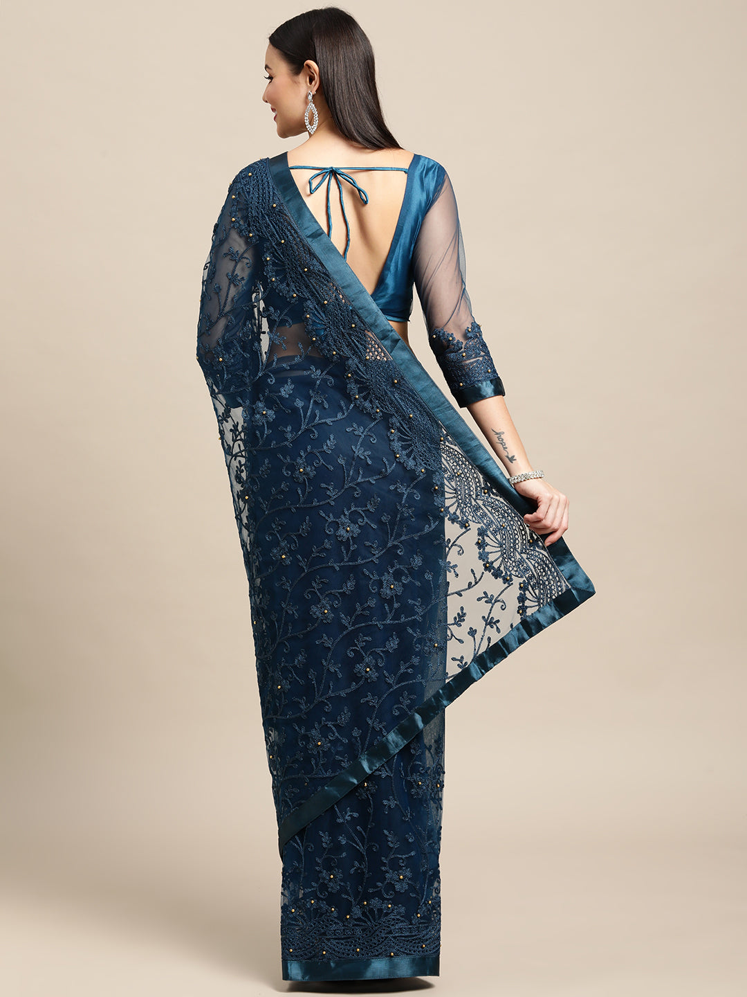 Blue Net Embroidered Designer Saree with Matching Blouse