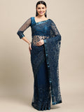 Blue net embroidered designer saree with elegant drape and matching blouse