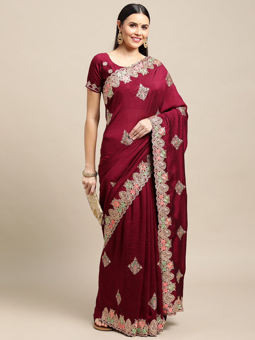 Purple Silk Blend Embroidered Designer Saree with Matching Blouse