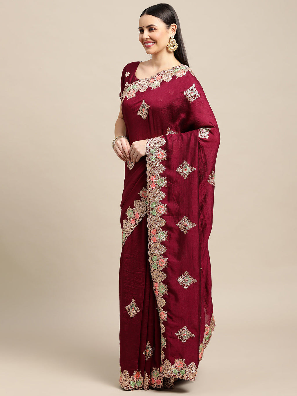 Purple Silk Blend Embroidered Designer Saree with Matching Blouse