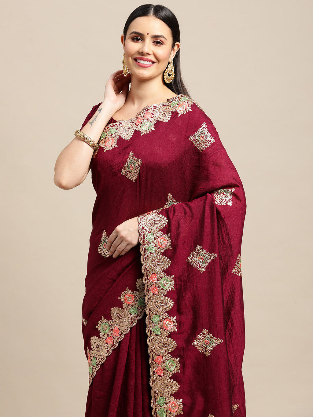 Purple Silk Blend Embroidered Designer Saree with Matching Blouse