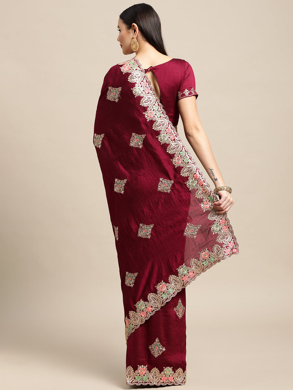 Purple Silk Blend Embroidered Designer Saree with Matching Blouse