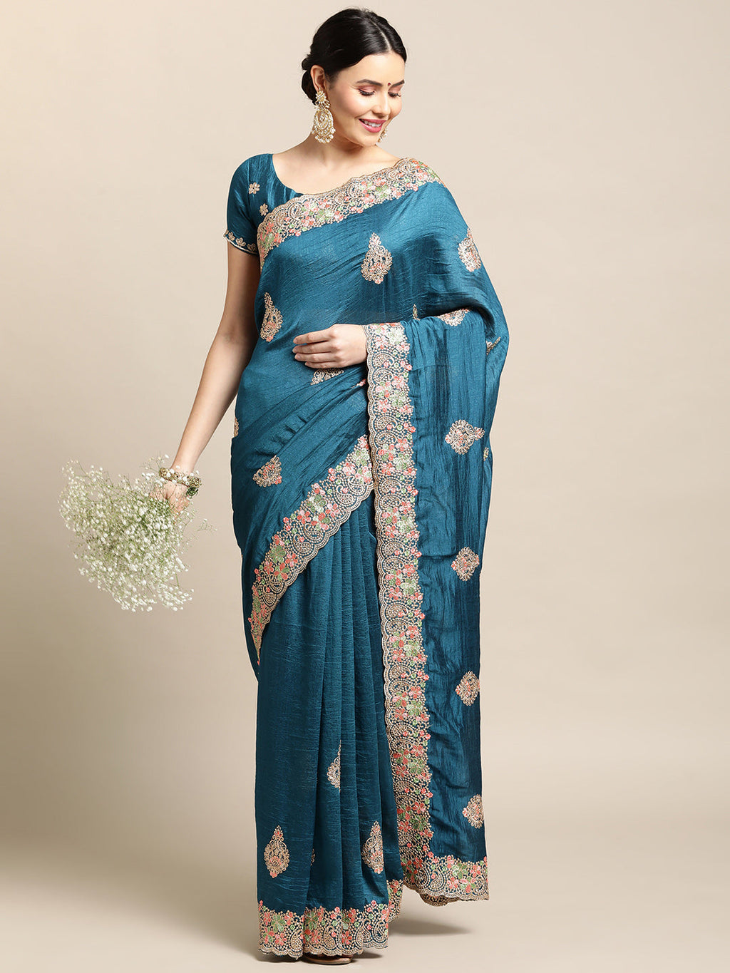 Blue Silk Blend Embroidered Designer Saree with Matching Blouse