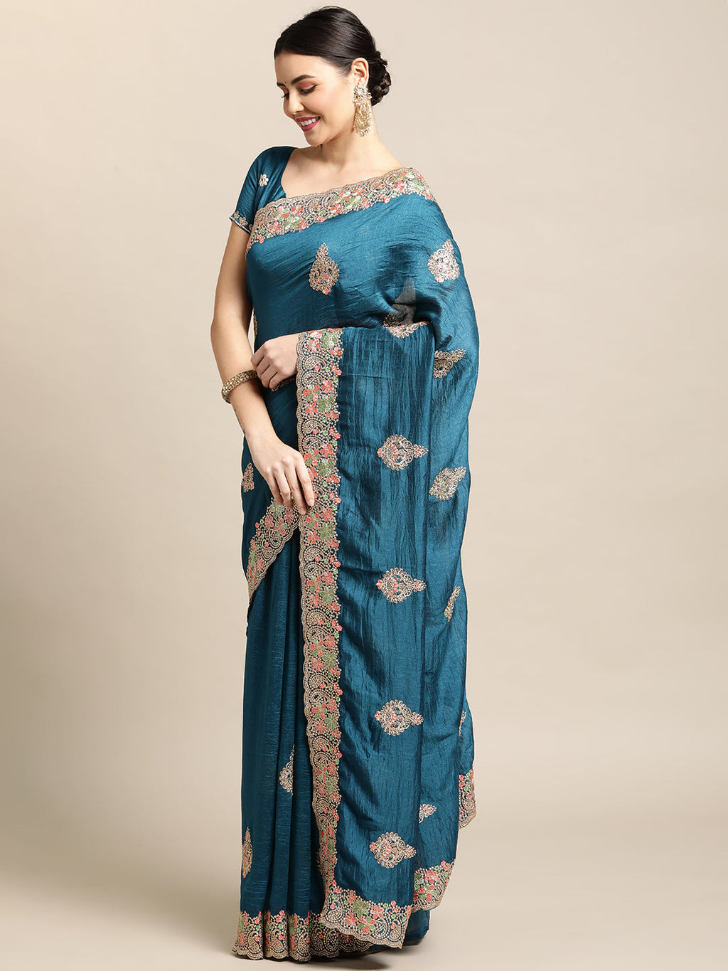 Blue Silk Blend Embroidered Designer Saree with Matching Blouse