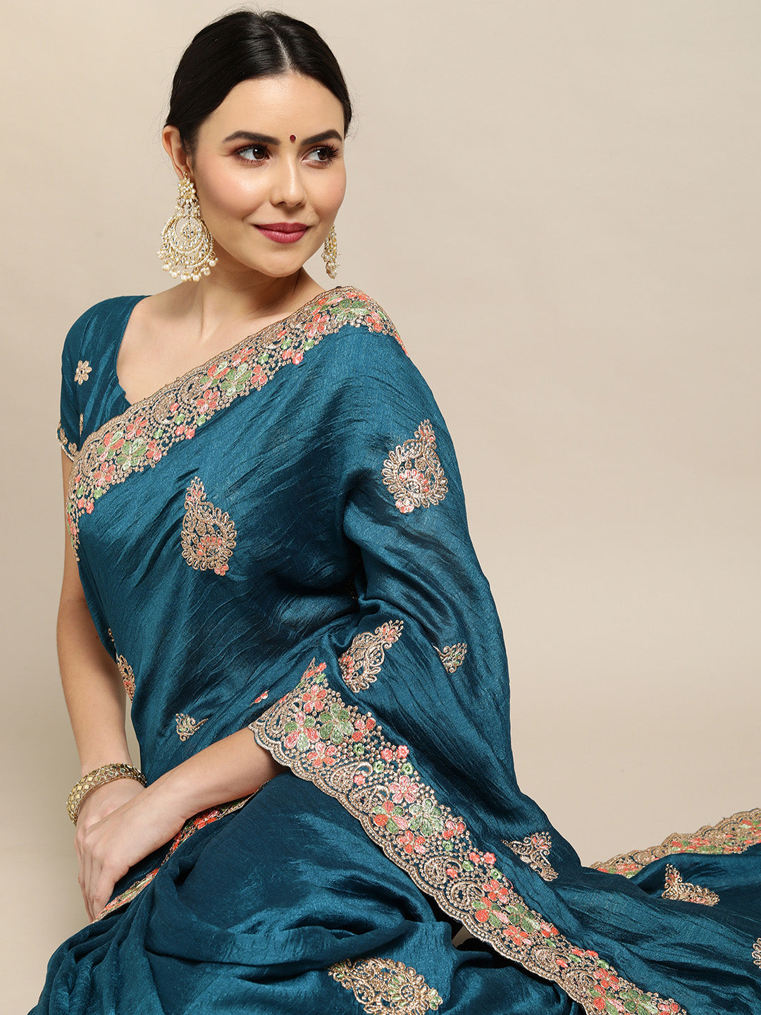 Blue Silk Blend Embroidered Designer Saree with Matching Blouse
