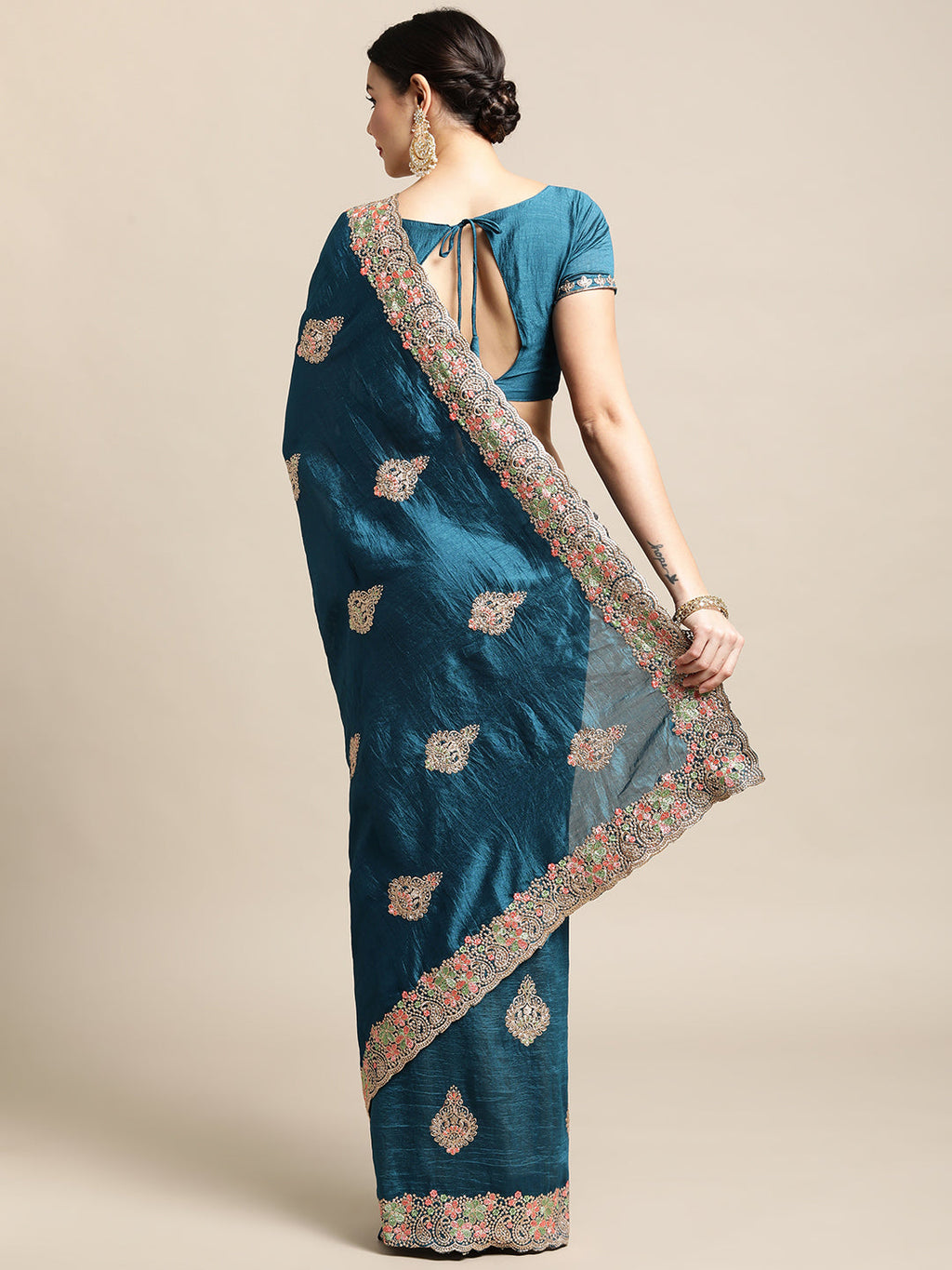 Blue Silk Blend Embroidered Designer Saree with Matching Blouse