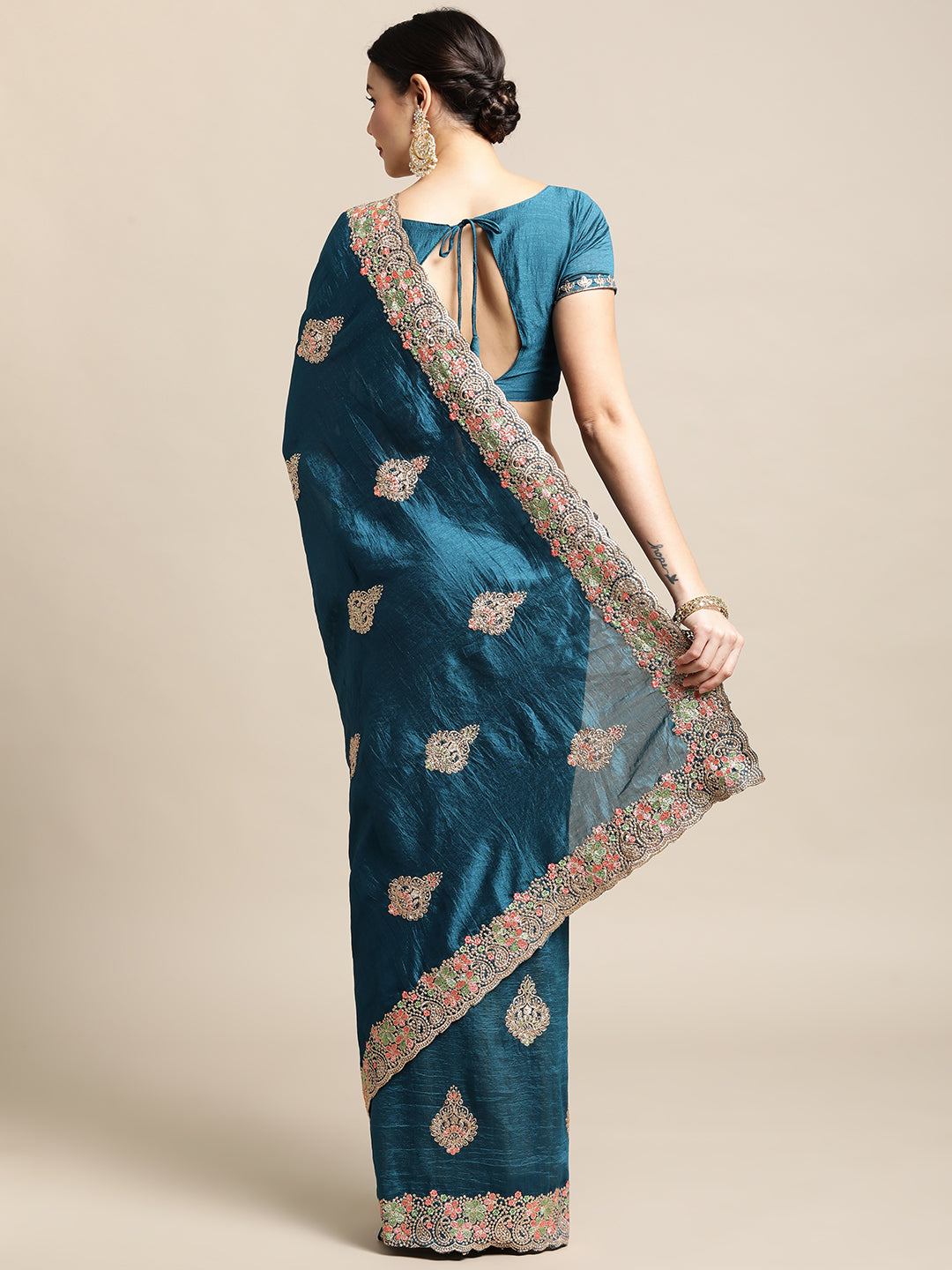 Blue Silk Blend Embroidered Designer Saree with Matching Blouse