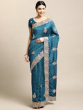 Elegant blue silk blend designer saree with intricate embroidery and matching blouse piece
