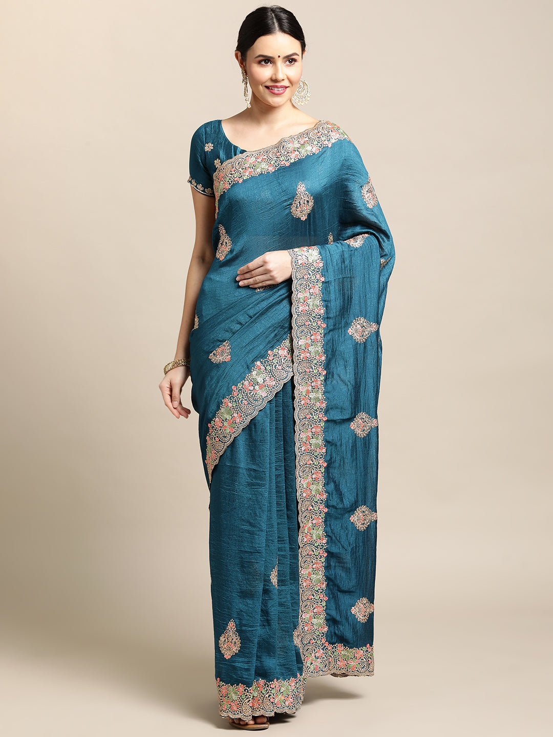 Elegant blue silk blend designer saree with intricate embroidery and matching blouse piece