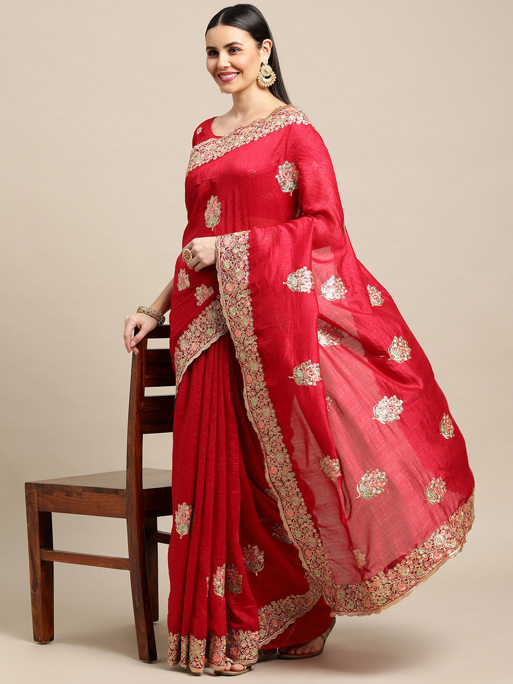 Women's Pink Silk Blend Embroidered Designer Saree with Blouse