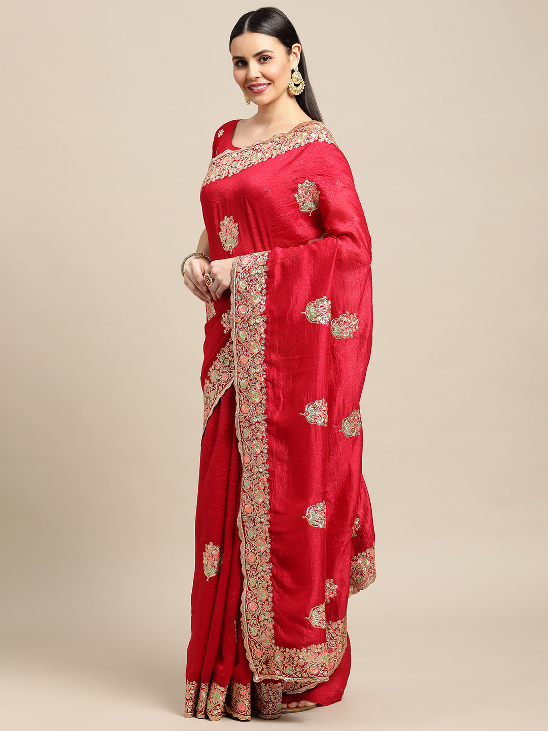 Women's Pink Silk Blend Embroidered Designer Saree with Blouse