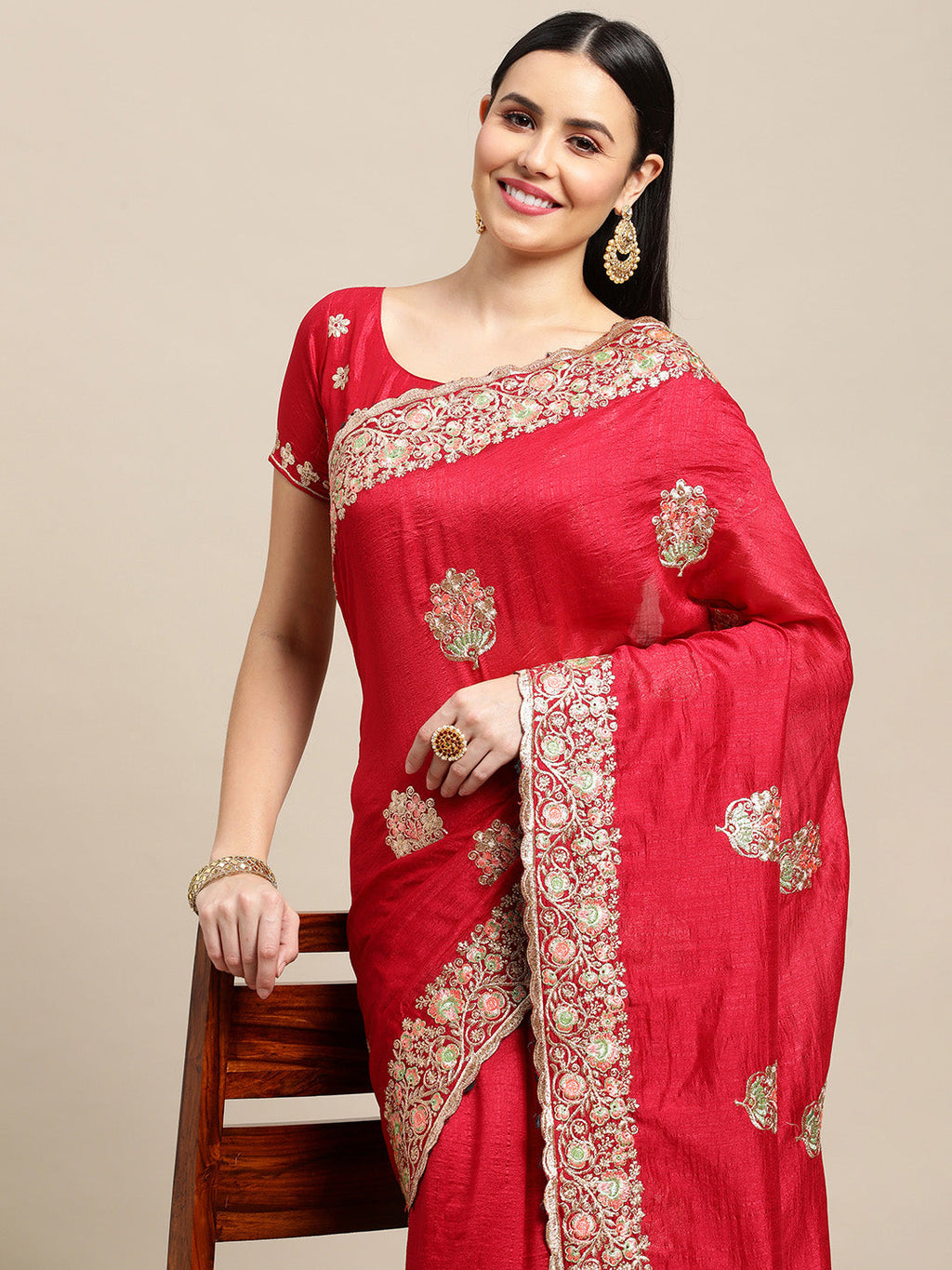 Women's Pink Silk Blend Embroidered Designer Saree with Blouse
