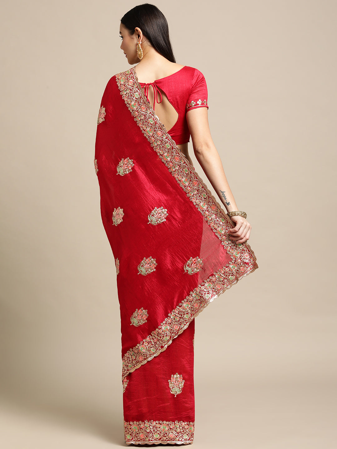 Women's Pink Silk Blend Embroidered Designer Saree with Blouse