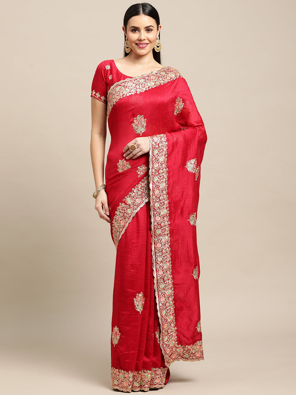 Pink silk blend embroidered designer saree with matching blouse piece