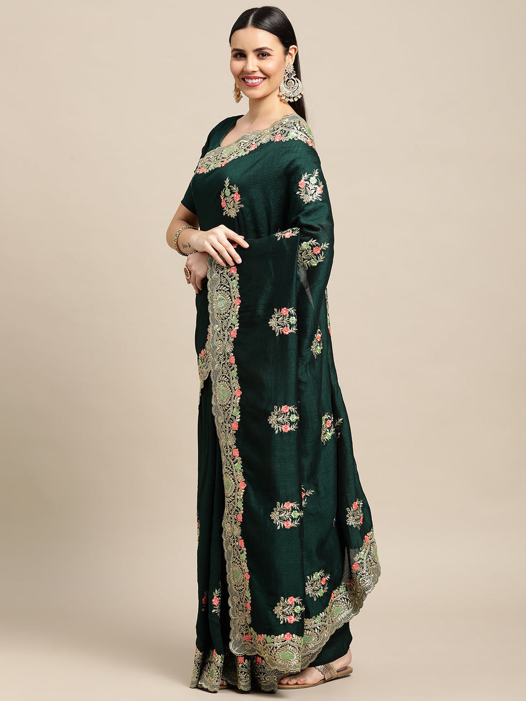 Green Silk Blend Embroidered Designer Saree with Matching Blouse