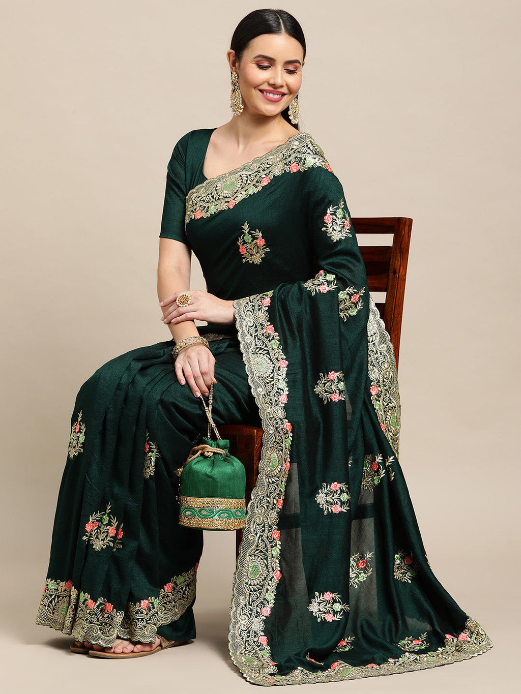 Green Silk Blend Embroidered Designer Saree with Matching Blouse