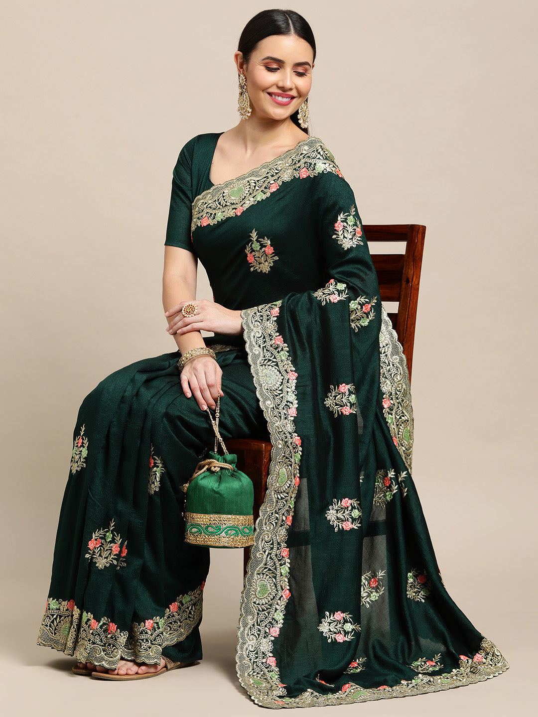 Green Silk Blend Embroidered Designer Saree with Matching Blouse
