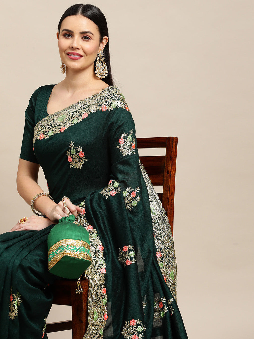 Green Silk Blend Embroidered Designer Saree with Matching Blouse