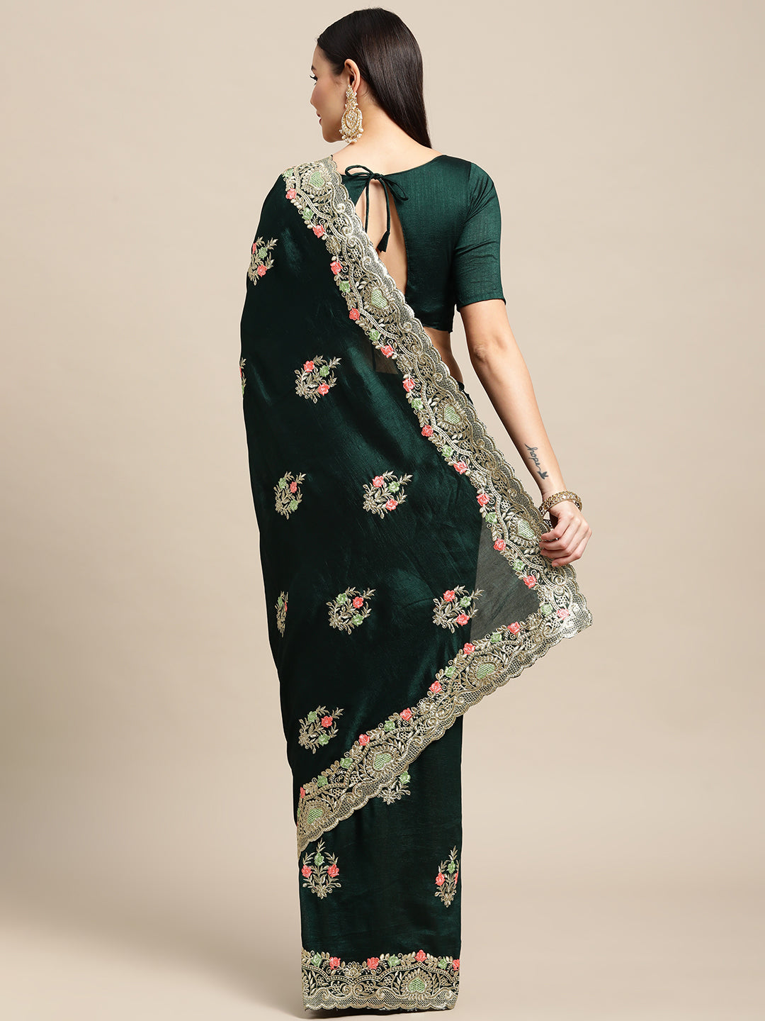 Green Silk Blend Embroidered Designer Saree with Matching Blouse