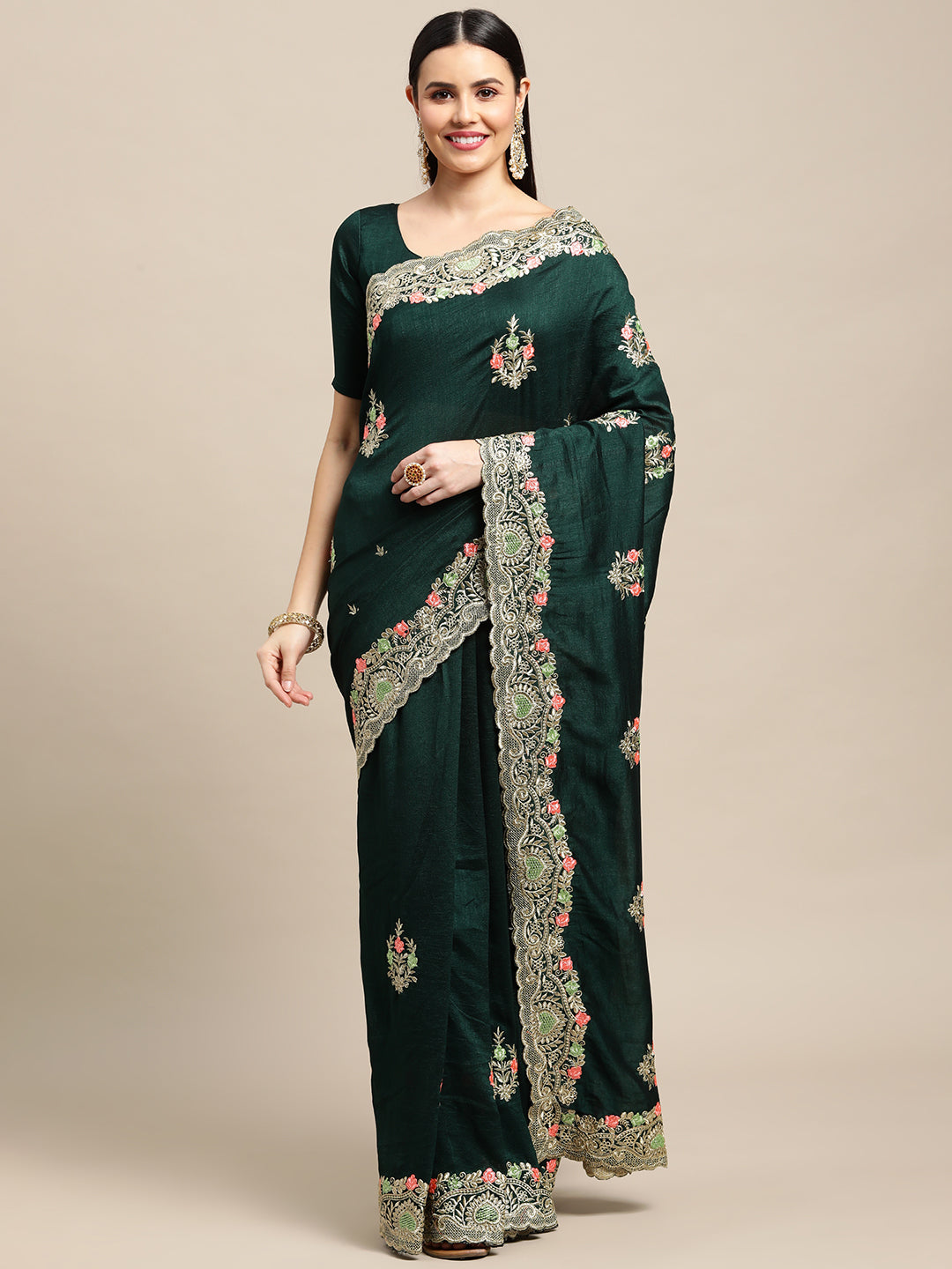 Green silk blend designer saree with embroidery and matching blouse