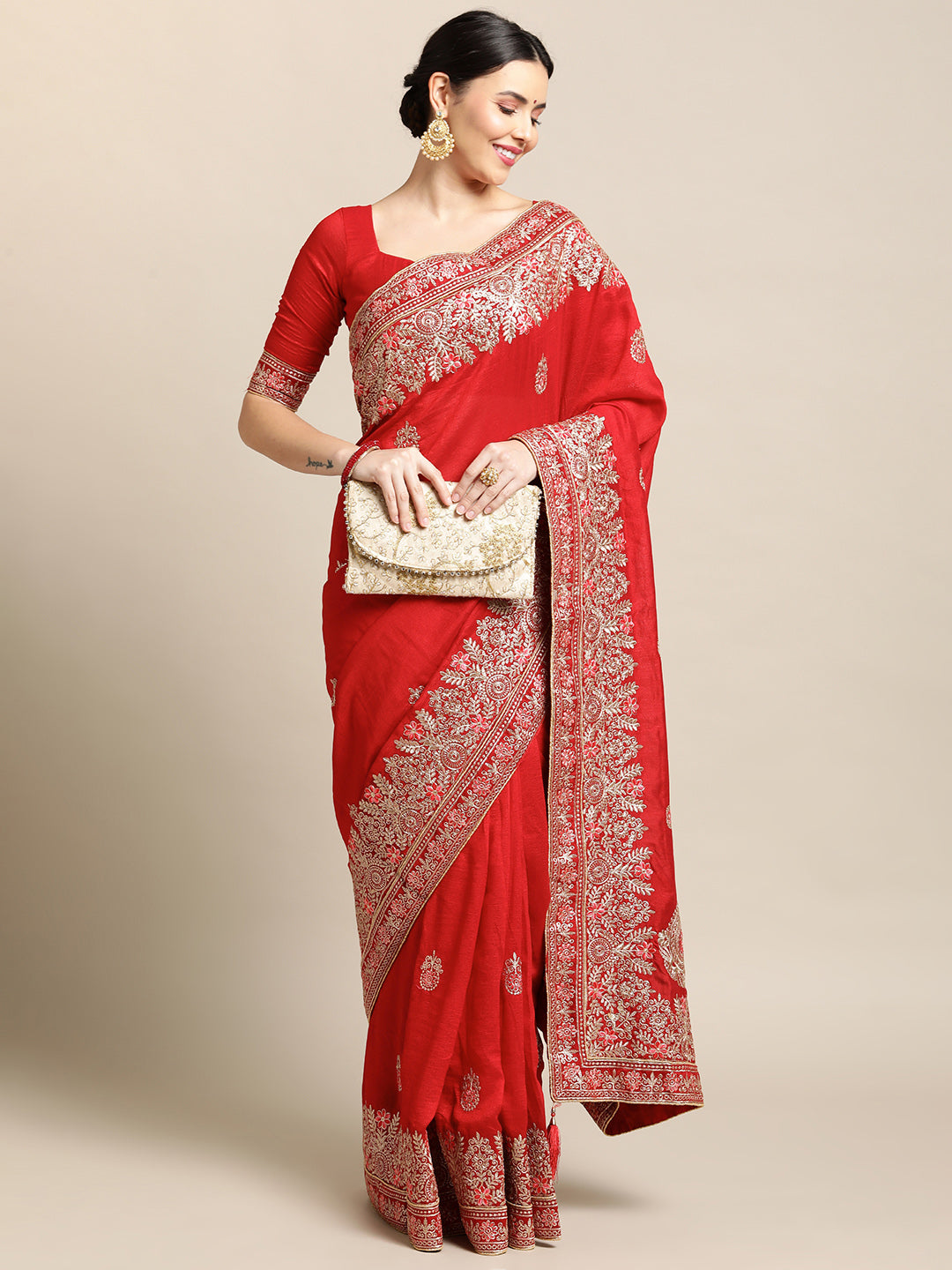 Red Silk Blend Embroidered Saree with Matching Designer Blouse