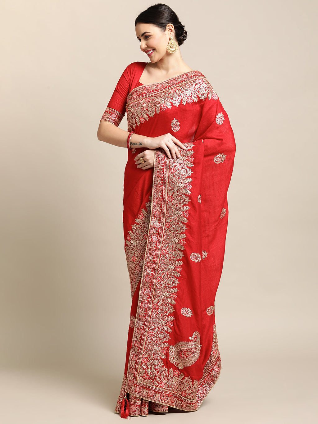 Red Silk Blend Embroidered Saree with Matching Designer Blouse