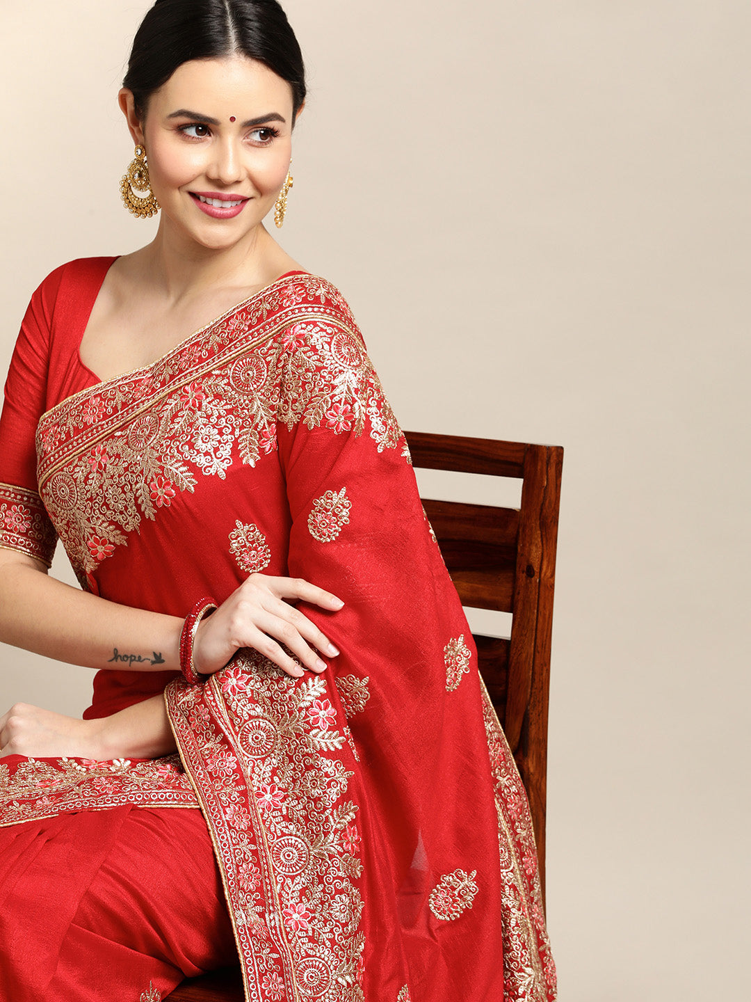 Red Silk Blend Embroidered Saree with Matching Designer Blouse