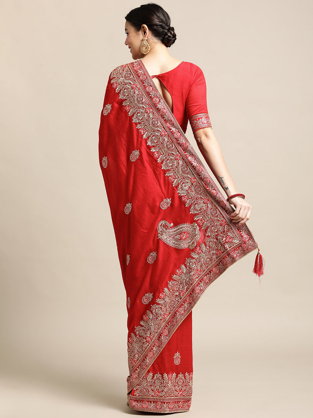 Red Silk Blend Embroidered Saree with Matching Designer Blouse