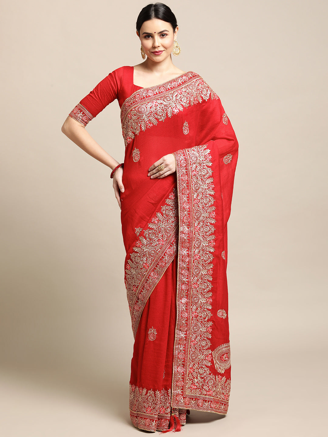 Red silk blend designer saree with detailed embroidery and matching blouse