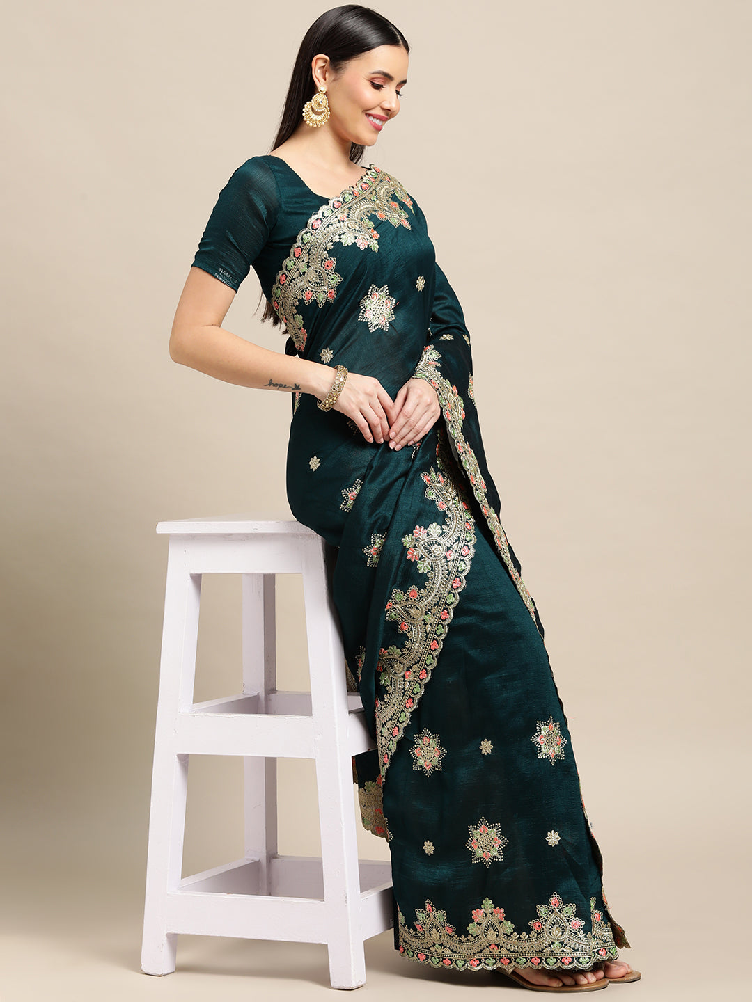 Green Silk Blend Embroidered Designer Saree with Matching Blouse