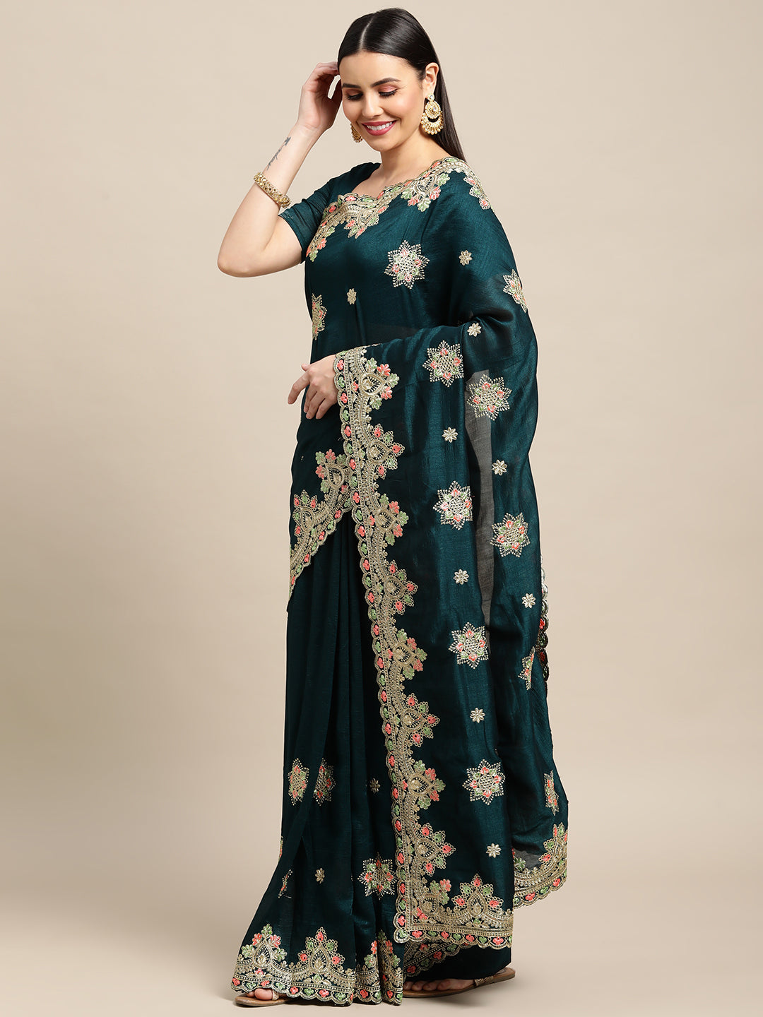 Green Silk Blend Embroidered Designer Saree with Matching Blouse