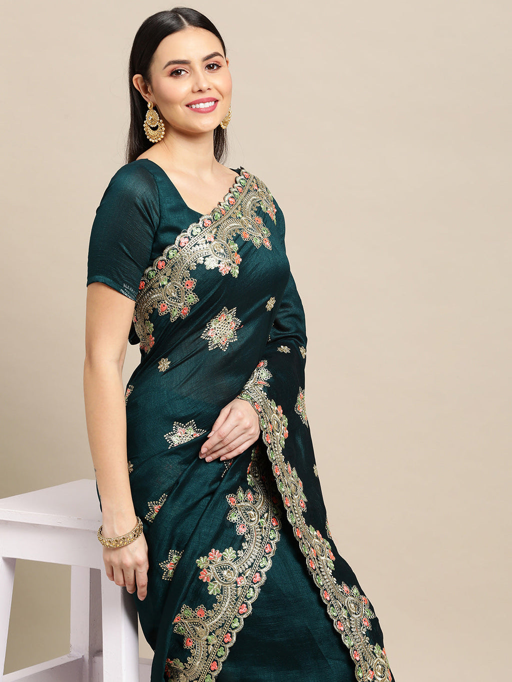 Green Silk Blend Embroidered Designer Saree with Matching Blouse