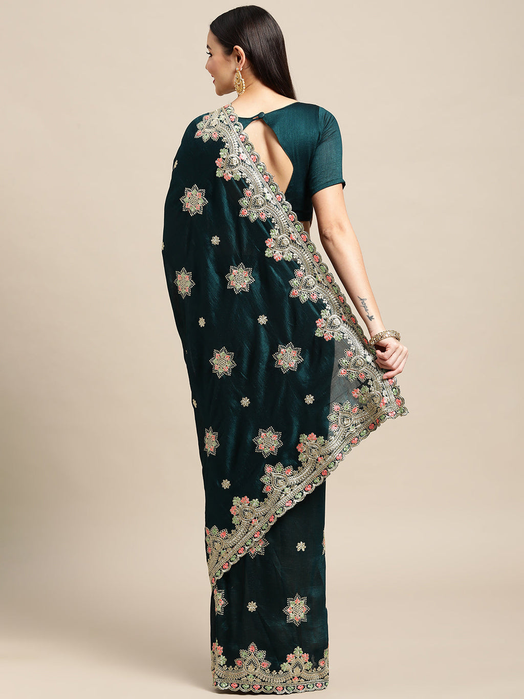 Green Silk Blend Embroidered Designer Saree with Matching Blouse