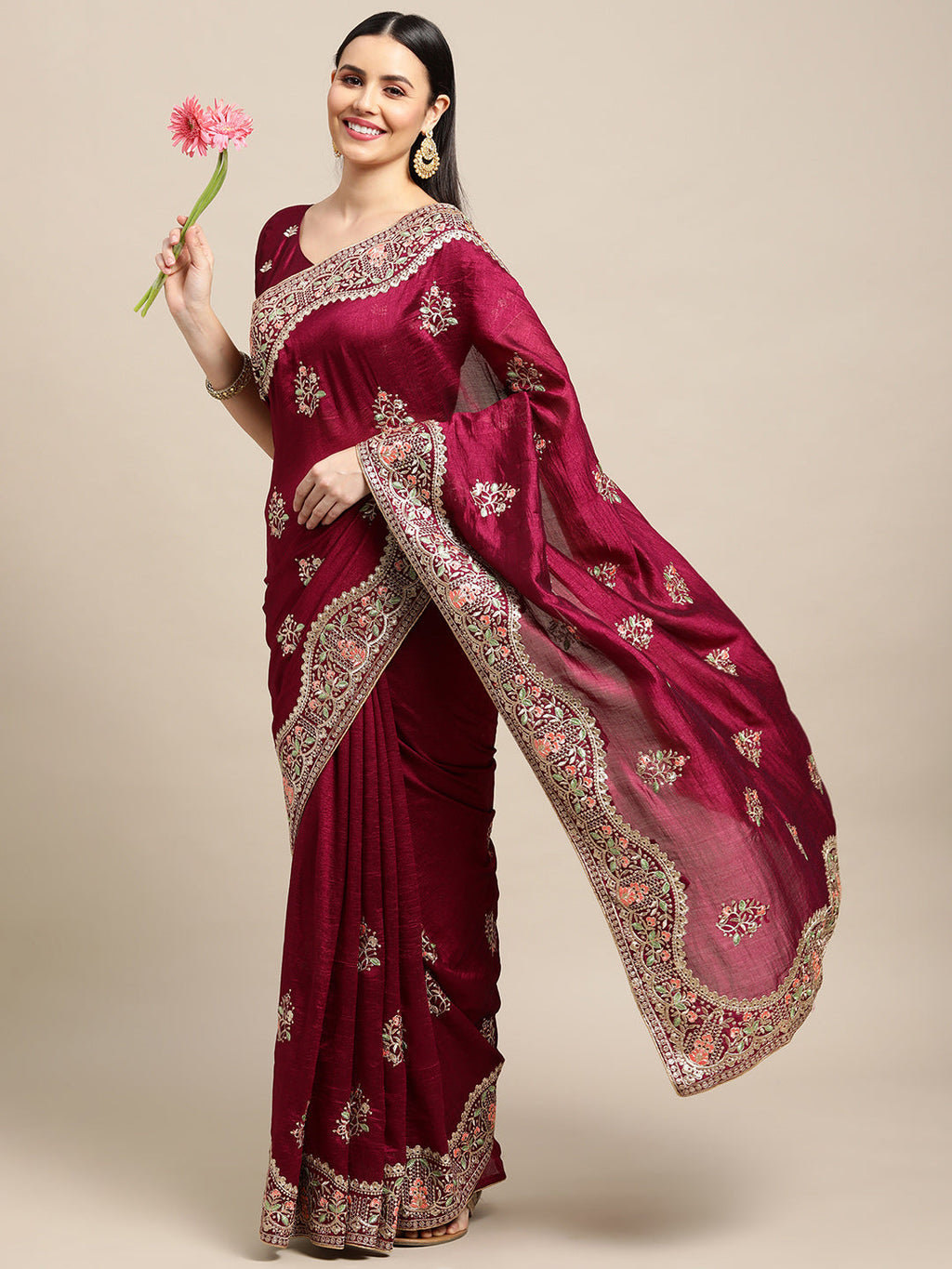 Purple Silk Blend Embroidered Designer Saree with Matching Blouse